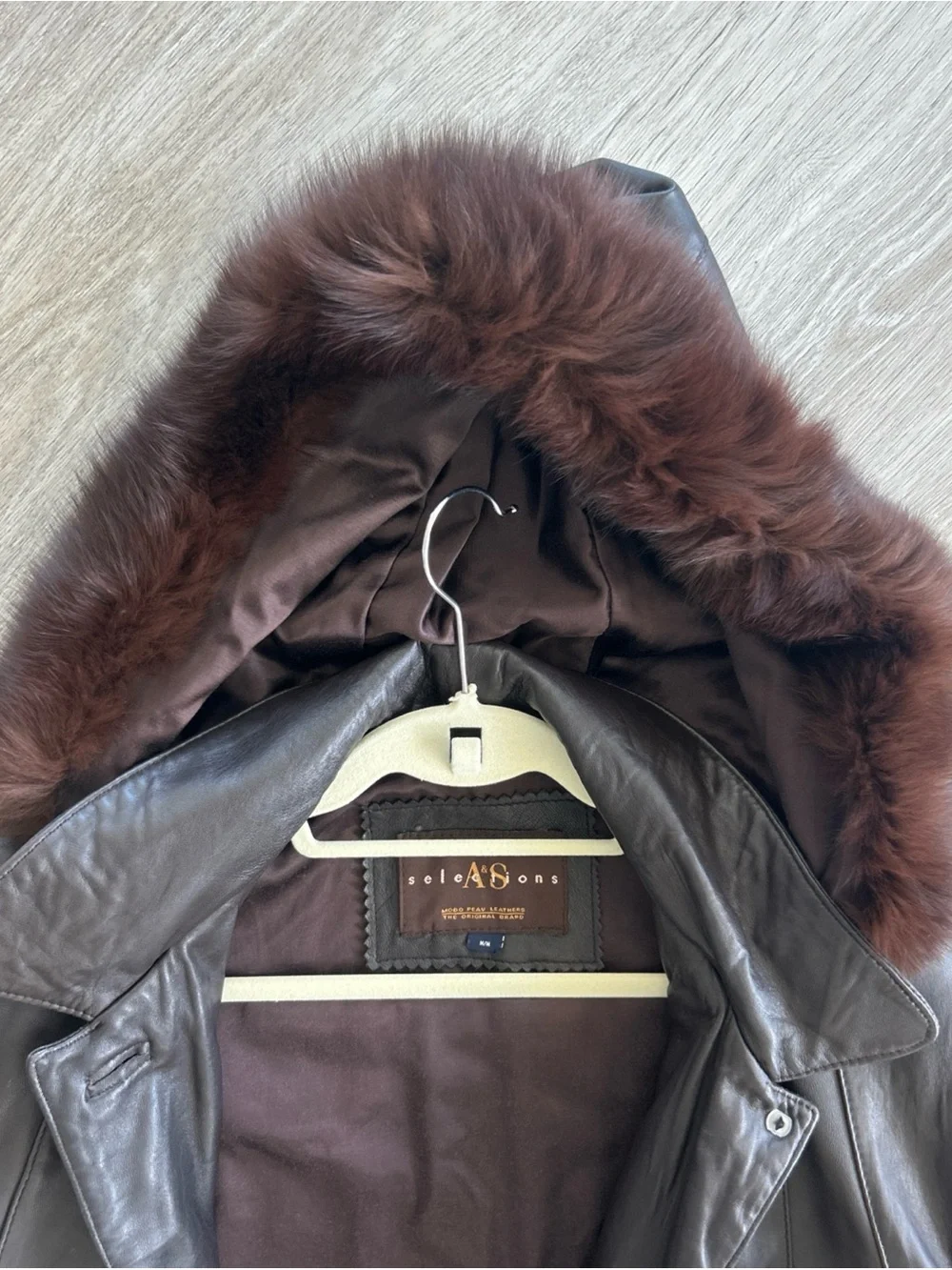 Vintage Leather Coat Womens M Brown Lamb Leather Fur Trim Hood Made Canada Long - Picture 11 of 15